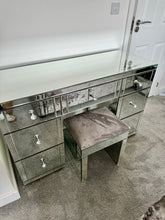 Load image into Gallery viewer, 7 draw Classic Venetian Mirrored dressing Table in Silver with Stool &amp; Tri Fold Mirror
