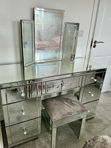 7 draw Classic Venetian Mirrored dressing Table in Silver with Stool & Tri Fold Mirror