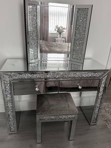 Diamond crush 2 Draw Dressing table, Stool and tri Fold Mirror Set