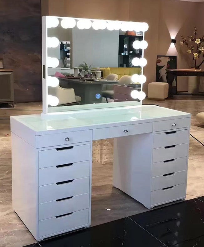 13 draw White Wood Dressing Table 150cm with Hollywood Mirror