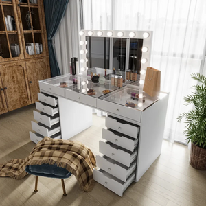 13 draw White Wood Dressing Table 150cm with Hollywood Mirror