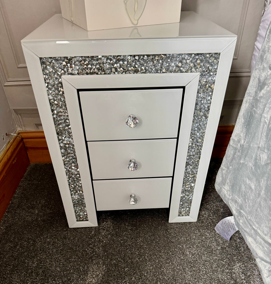 diamond crush Bedside Chest in White with border trim