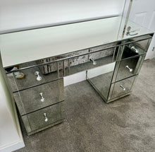 Load image into Gallery viewer, 7 draw Classic Venetian Mirrored dressing Table in Silver with Stool &amp; Tri Fold Mirror
