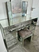 Load image into Gallery viewer, 7 draw Classic Venetian Mirrored dressing Table in Silver with Stool &amp; Tri Fold Mirror
