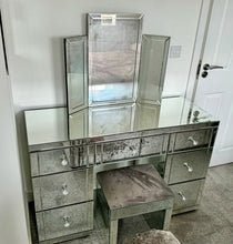 Load image into Gallery viewer, 7 draw Classic Venetian Mirrored dressing Table in Silver with Stool &amp; Tri Fold Mirror
