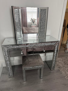 Diamond crush 2 Draw Dressing table, Stool and tri Fold Mirror Set