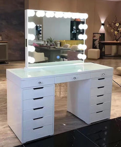 13 draw White Wood Dressing Table 150cm with Hollywood Mirror