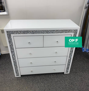 Monica Diamond crush 5 Draw Chest in White with border trim