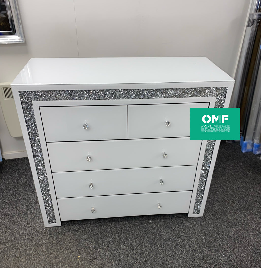 Monica Diamond crush 5 Draw Chest in White with border trim