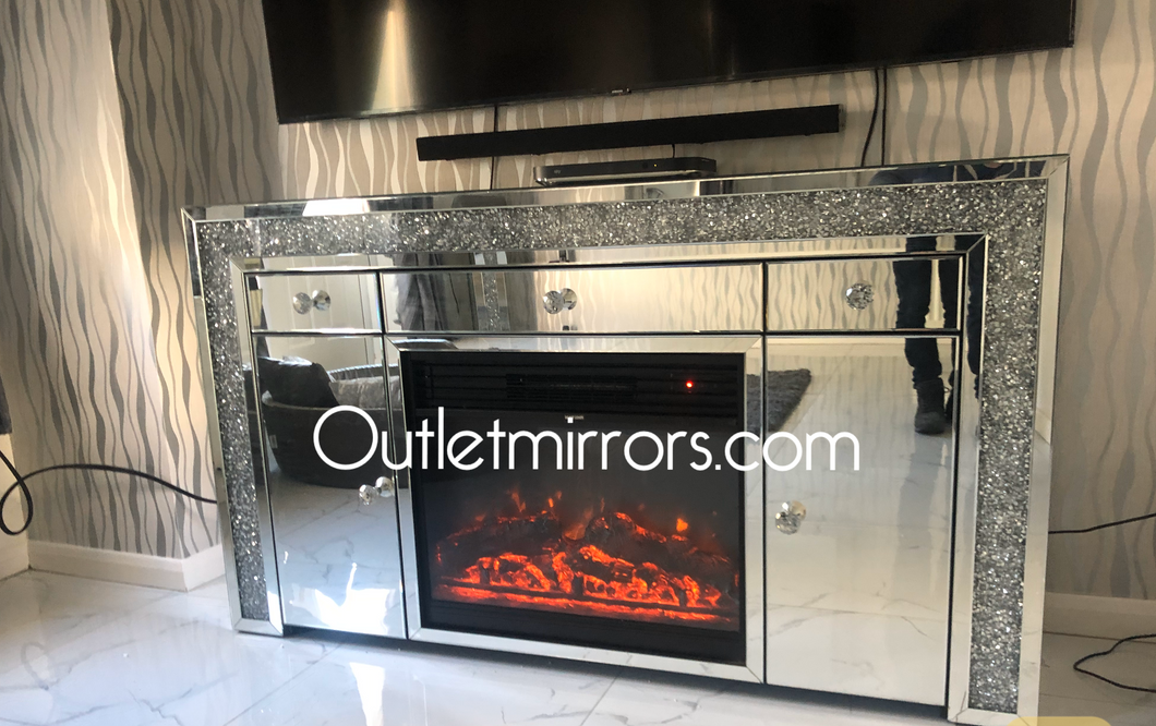 Diamond Crush 2 Door 3 draw Sideboard with built in Multi Colour Changing Fire
