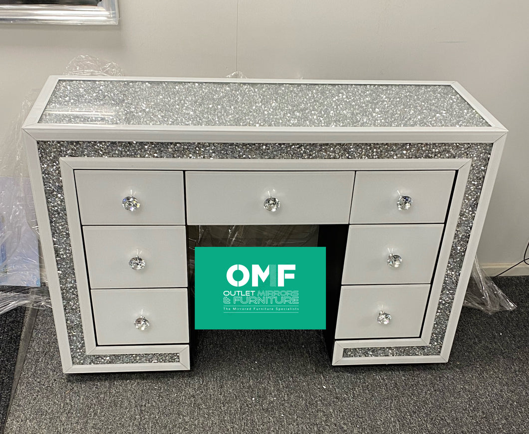 7 draw diamond crush dressing Table in White with border trim stock due